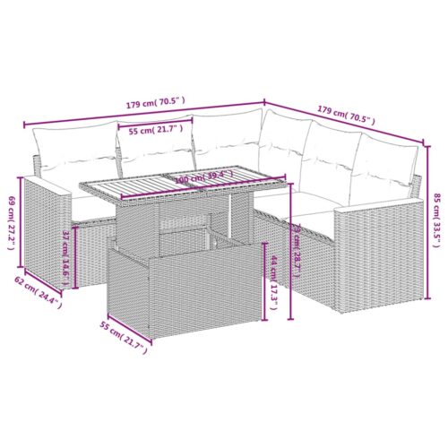 6-Piece Garden Sofa Set with Cushions Outdoor Patio Lounge Furniture Grey Poly Rattan - Image 3