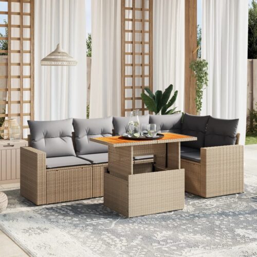 6-Piece Garden Sofa Set with Cushions Outdoor Patio Lounge Furniture Beige Poly Rattan - Image 2