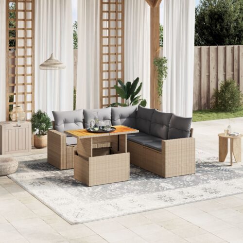 6-Piece Garden Sofa Set with Cushions Outdoor Patio Lounge Furniture Beige Poly Rattan - Image 2