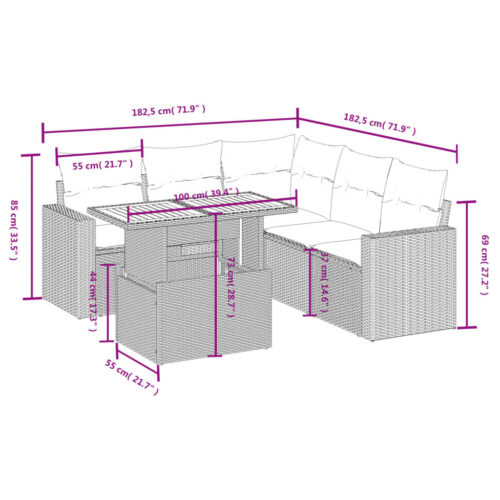 6-Piece Garden Sofa Set with Cushions Outdoor Patio Lounge Furniture Beige Poly Rattan - Image 3