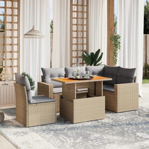 6-Piece Garden Sofa Set with Cushions Outdoor Patio Lounge Furniture Beige Poly Rattan - Image 2
