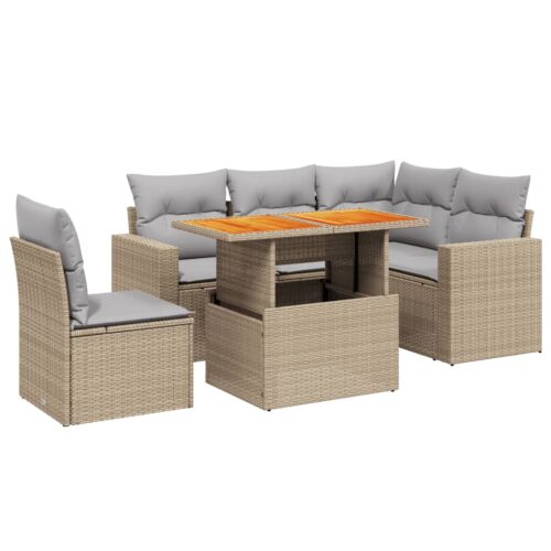 6-Piece Garden Sofa Set with Cushions Outdoor Patio Lounge Furniture Beige Poly Rattan - Image 5