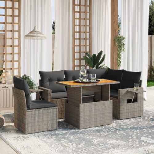 6-Piece Garden Sofa Set with Cushions Outdoor Patio Lounge Furniture Grey Poly Rattan - Image 2