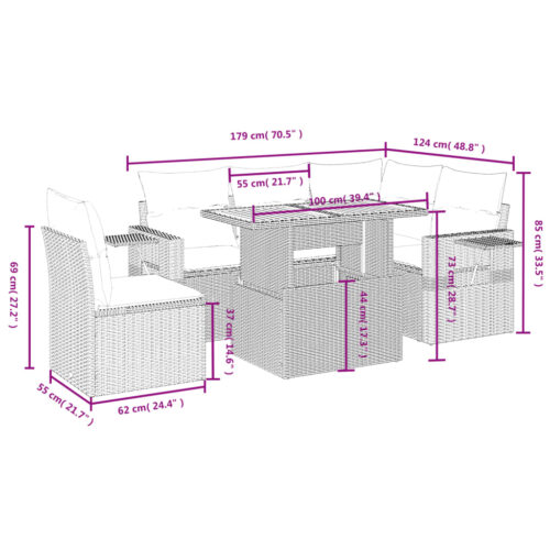 6-Piece Garden Sofa Set with Cushions Outdoor Patio Lounge Furniture Grey Poly Rattan - Image 3