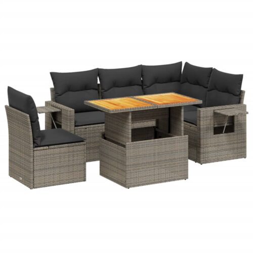 6-Piece Garden Sofa Set with Cushions Outdoor Patio Lounge Furniture Grey Poly Rattan - Image 5