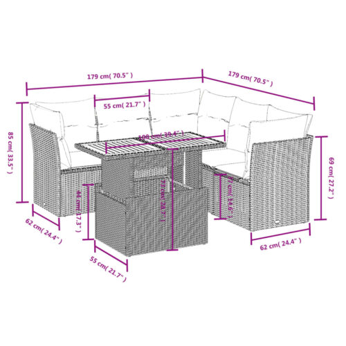 5-Piece Garden Sofa Set with Cushions Outdoor Patio Lounge Furniture Grey Poly Rattan - Image 3