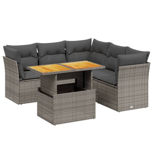 5-Piece Garden Sofa Set with Cushions Outdoor Patio Lounge Furniture Grey Poly Rattan - Image 5