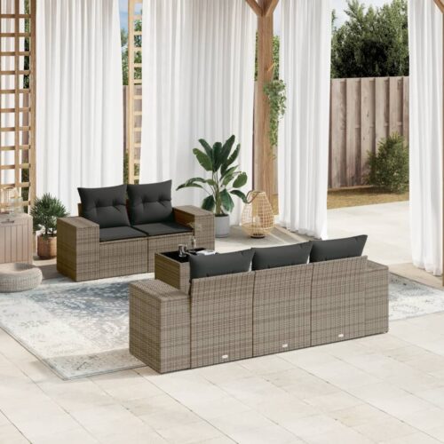 6-Piece Garden Sofa Set with Cushions Outdoor Patio Lounge Furniture Grey Poly Rattan - Image 2