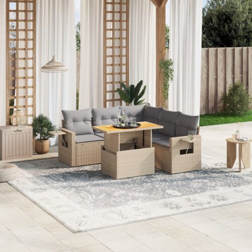 6-Piece Garden Sofa Set with Cushions Outdoor Patio Lounge Furniture Beige Poly Rattan - Image 2