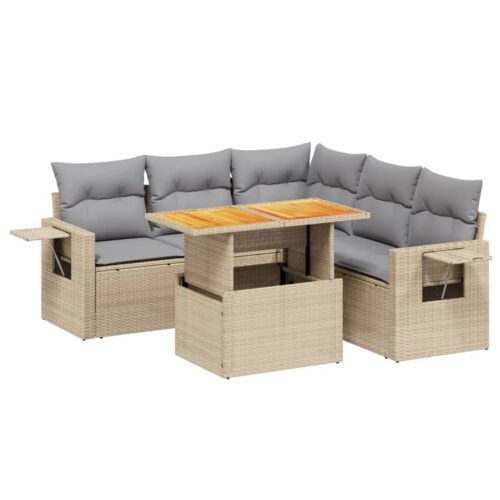 6-Piece Garden Sofa Set with Cushions Outdoor Patio Lounge Furniture Beige Poly Rattan - Image 5