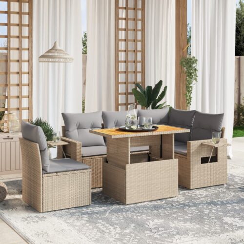 6-Piece Garden Sofa Set with Cushions Outdoor Patio Lounge Furniture Beige Poly Rattan - Image 2