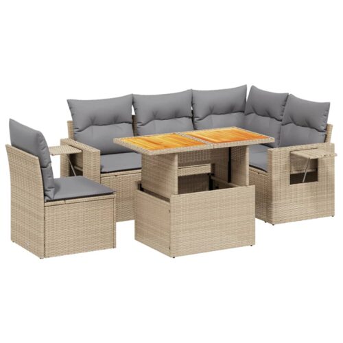 6-Piece Garden Sofa Set with Cushions Outdoor Patio Lounge Furniture Beige Poly Rattan - Image 5