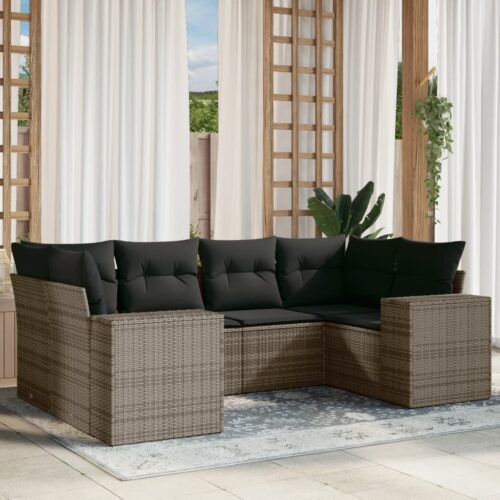 6-Piece Garden Sofa Set with Cushions Outdoor Patio Lounge Furniture Grey Poly Rattan - Image 2