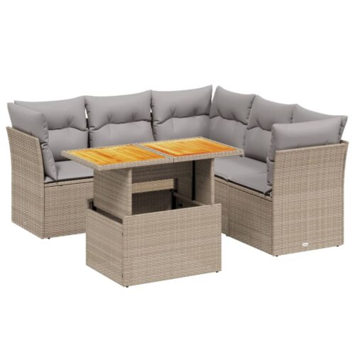 5-Piece Garden Sofa Set with Cushions Outdoor Patio Lounge Furniture Beige Poly Rattan