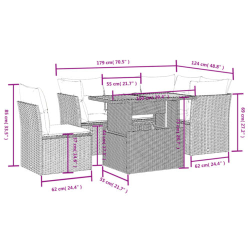 5-Piece Garden Sofa Set with Cushions Outdoor Patio Lounge Furniture Beige Poly Rattan - Image 3