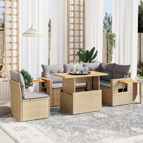 6-Piece Garden Sofa Set with Cushions Outdoor Patio Lounge Furniture Beige Poly Rattan - Image 2