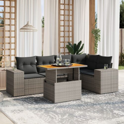 6-Piece Garden Sofa Set with Cushions Outdoor Patio Lounge Furniture Grey Poly Rattan - Image 2