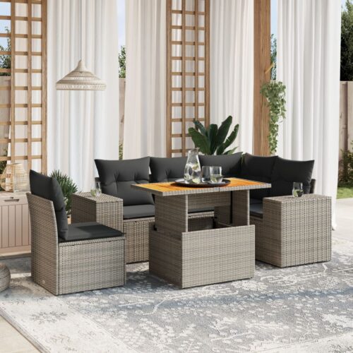6-Piece Garden Sofa Set with Cushions Outdoor Patio Lounge Furniture Grey Poly Rattan - Image 2