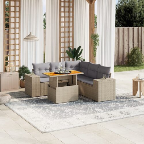 6-Piece Garden Sofa Set with Cushions Outdoor Patio Lounge Furniture Beige Poly Rattan - Image 2