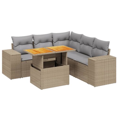 6-Piece Garden Sofa Set with Cushions Outdoor Patio Lounge Furniture Beige Poly Rattan - Image 5