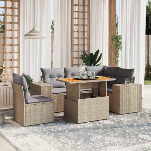 6-Piece Garden Sofa Set with Cushions Outdoor Patio Lounge Furniture Beige Poly Rattan - Image 2