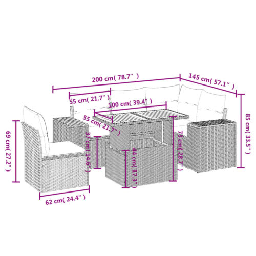 6-Piece Garden Sofa Set with Cushions Outdoor Patio Lounge Furniture Beige Poly Rattan - Image 3