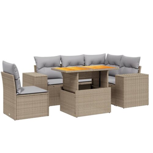 6-Piece Garden Sofa Set with Cushions Outdoor Patio Lounge Furniture Beige Poly Rattan - Image 5