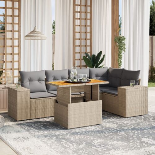 6-Piece Garden Sofa Set with Cushions Outdoor Patio Lounge Furniture Beige Poly Rattan - Image 2