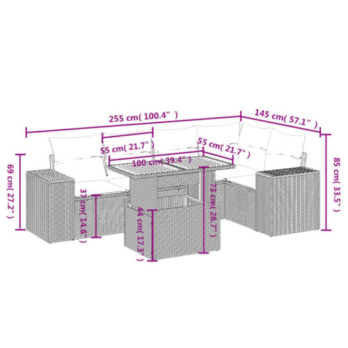 6-Piece Garden Sofa Set with Cushions Outdoor Patio Lounge Furniture Beige Poly Rattan - Image 3