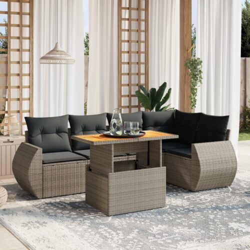 6-Piece Garden Sofa Set with Cushions Outdoor Patio Lounge Furniture Grey Poly Rattan - Image 2
