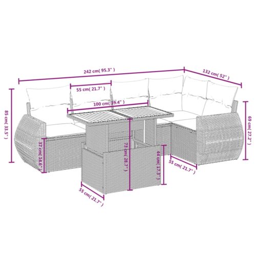 6-Piece Garden Sofa Set with Cushions Outdoor Patio Lounge Furniture Grey Poly Rattan - Image 3