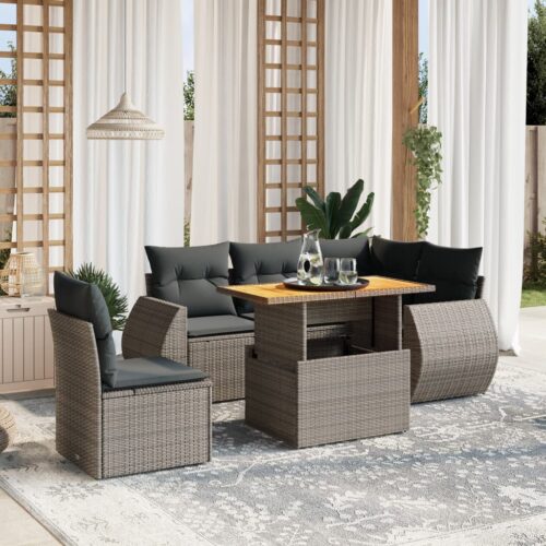 6-Piece Garden Sofa Set with Cushions Outdoor Patio Lounge Furniture Grey Poly Rattan - Image 2