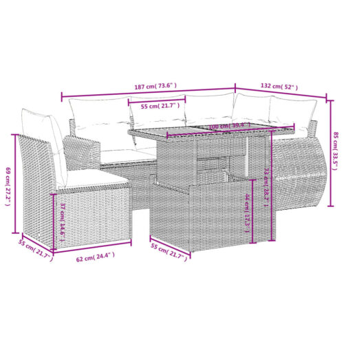 6-Piece Garden Sofa Set with Cushions Outdoor Patio Lounge Furniture Grey Poly Rattan - Image 3