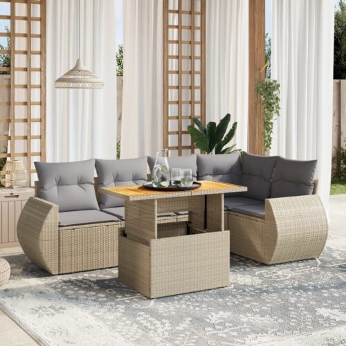 6-Piece Garden Sofa Set with Cushions Outdoor Patio Lounge Furniture Beige Poly Rattan - Image 2