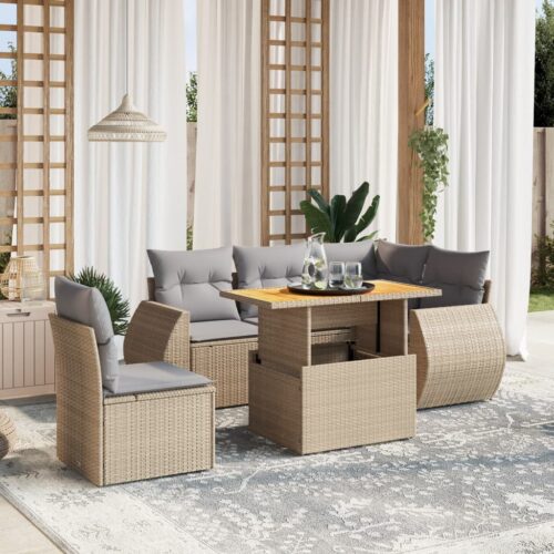 6-Piece Garden Sofa Set with Cushions Outdoor Patio Lounge Furniture Beige Poly Rattan - Image 2