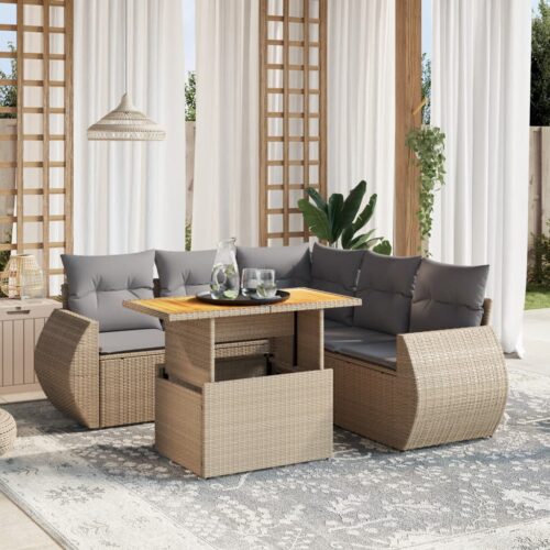 6-Piece Garden Sofa Set with Cushions Outdoor Patio Lounge Furniture Beige Poly Rattan - Image 2