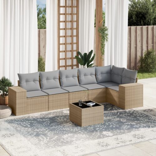 7-Piece Garden Sofa Set Outdoor Patio Lounge Wicker Rattan Furniture Setting Beige - Image 2