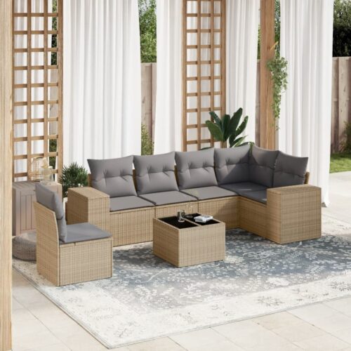7-Piece Garden Sofa Set Outdoor Patio Lounge Wicker Rattan Furniture Setting Beige - Image 2