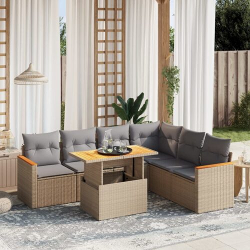7-Piece Garden Sofa Set Outdoor Patio Lounge Wicker Rattan Furniture Setting Beige - Image 2