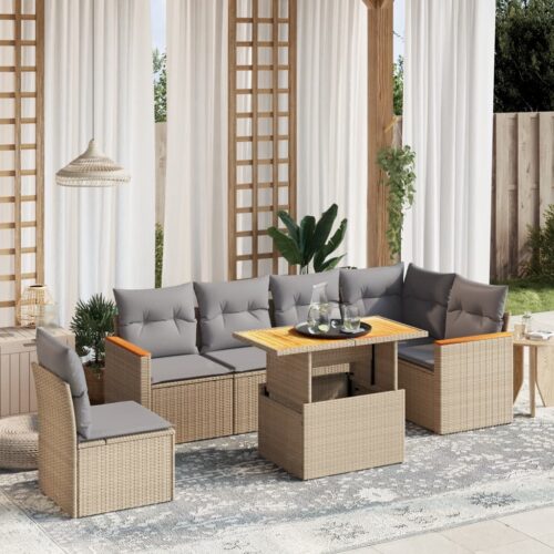 7-Piece Garden Sofa Set Outdoor Patio Lounge Wicker Rattan Furniture Setting Beige - Image 2