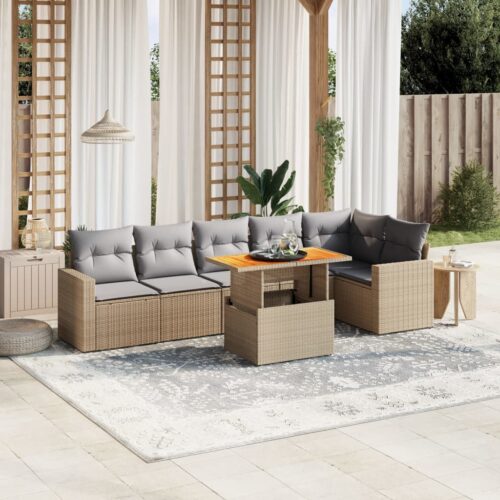 7-Piece Garden Sofa Set Outdoor Patio Lounge Wicker Rattan Furniture Setting Beige - Image 2