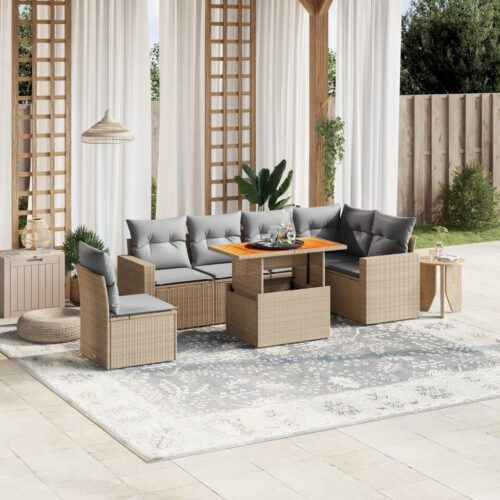 7-Piece Garden Sofa Set Outdoor Patio Lounge Wicker Rattan Furniture Setting Beige - Image 2