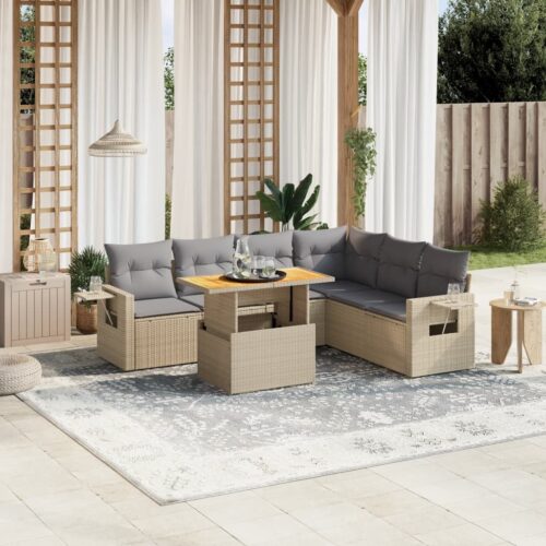 7-Piece Garden Sofa Set Outdoor Patio Lounge Wicker Rattan Furniture Setting Beige - Image 2
