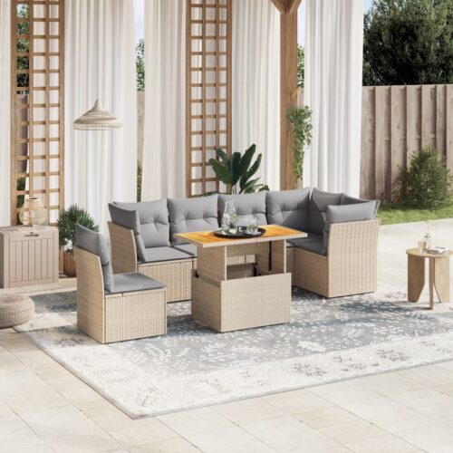7-Piece Garden Sofa Set Outdoor Patio Lounge Wicker Rattan Furniture Setting Beige - Image 2