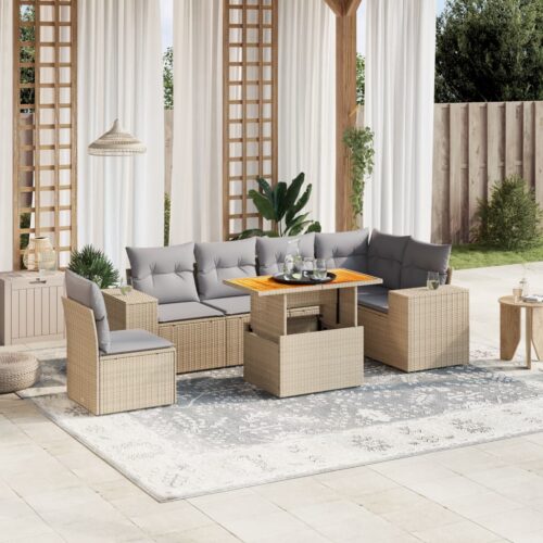 7-Piece Garden Sofa Set Outdoor Patio Lounge Wicker Rattan Furniture Setting Beige - Image 2
