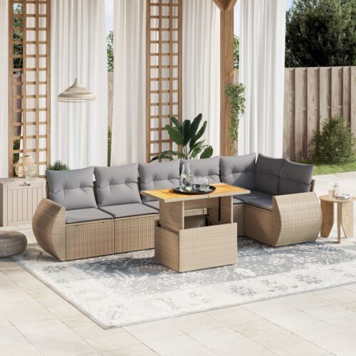 7-Piece Garden Sofa Set Outdoor Patio Lounge Wicker Rattan Furniture Setting Beige - Image 2
