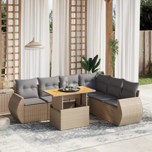 7-Piece Garden Sofa Set Outdoor Patio Lounge Wicker Rattan Furniture Setting Beige - Image 2
