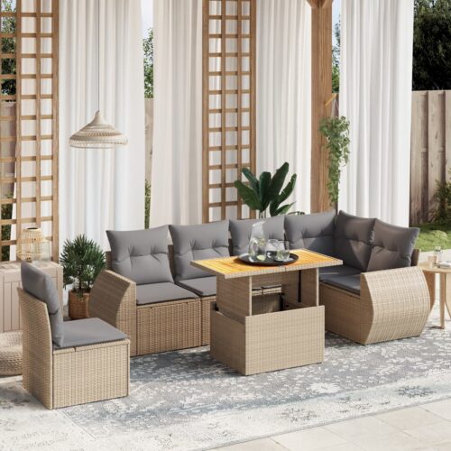 7-Piece Garden Sofa Set Outdoor Patio Lounge Wicker Rattan Furniture Setting Beige - Image 2