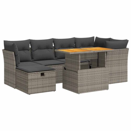 7-Piece Garden Sofa Set Outdoor Patio Lounge Wicker Rattan Furniture Setting Grey Acacia - Image 13