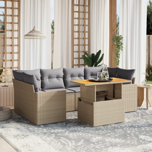 7-Piece Garden Sofa Set Outdoor Patio Lounge Wicker Rattan Furniture Setting Beige - Image 2